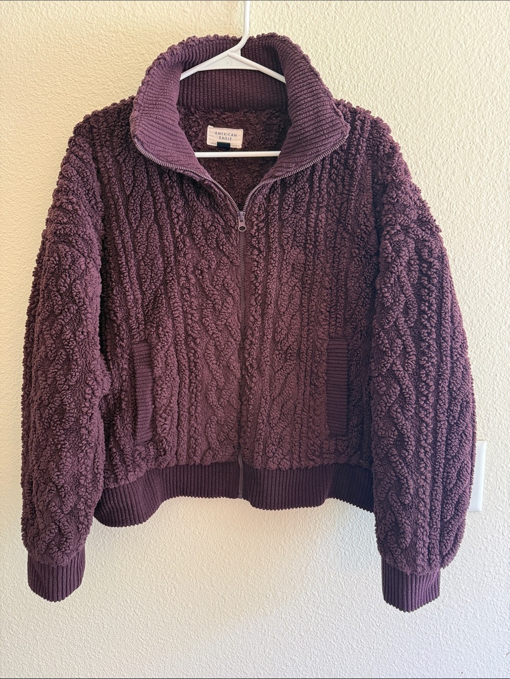 American Eagle Outfitters Plum Plush Cable-Knit Zip Jacket